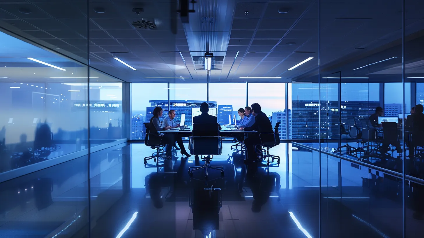 a sleek, modern office space filled with innovative technology, showcasing a vibrant team engaged in a dynamic brainstorming session around a glossy conference table illuminated by brilliant overhead lighting.