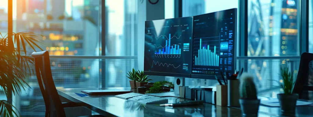 a sleek, modern office space features a high-tech workstation displaying dynamic graphs and analytics, illustrating the rapid generation of seo-optimized content through advanced ai software.