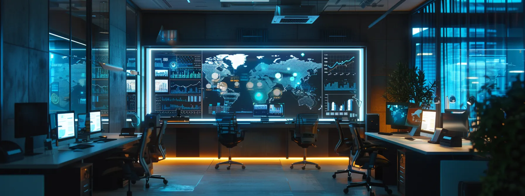 a sleek, modern office workspace illuminated by soft, overhead lighting showcases advanced digital screens displaying analytics and automation tools, symbolizing the cutting-edge integration of seo efficiency and smart automation.