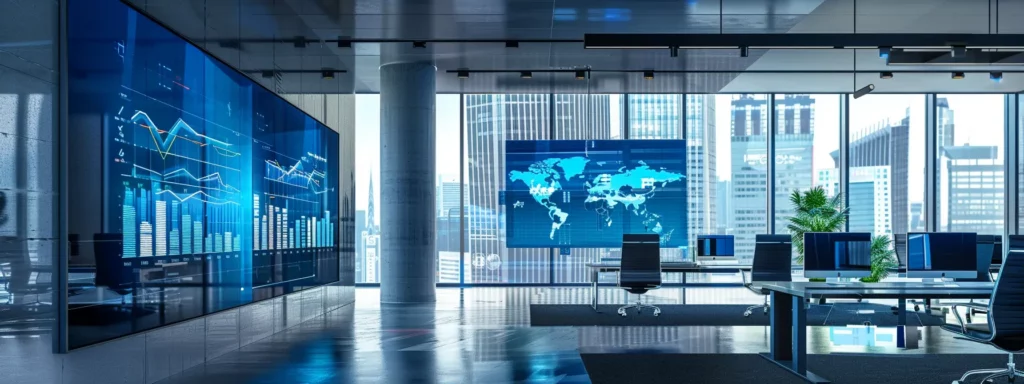 a sleek, modern office workspace showcases vibrant digital screens displaying dynamic graphs and statistics, emphasizing flexible pricing plans and a 300% seo efficiency boost through intelligent automation tools.