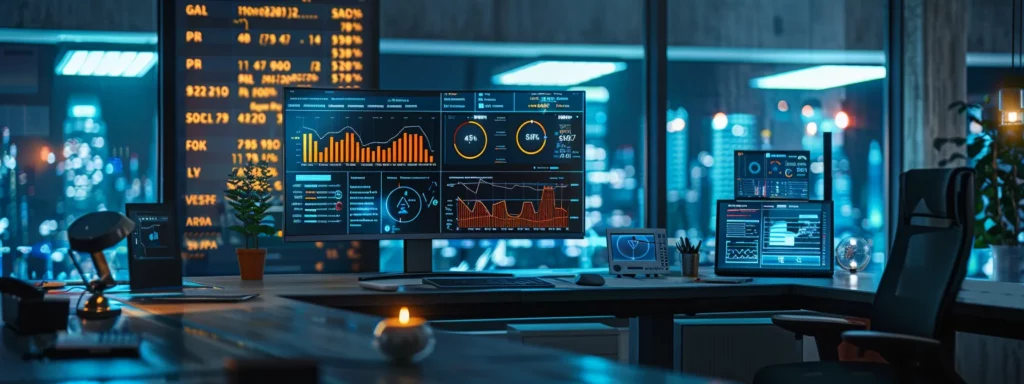 a sleek, modern office workspace featuring a digital dashboard displaying impressive analytics, with a vibrant graph illustrating a 200% traffic increase, emphasizing the impact of ai tools on restaurant equipment suppliers' online visibility.