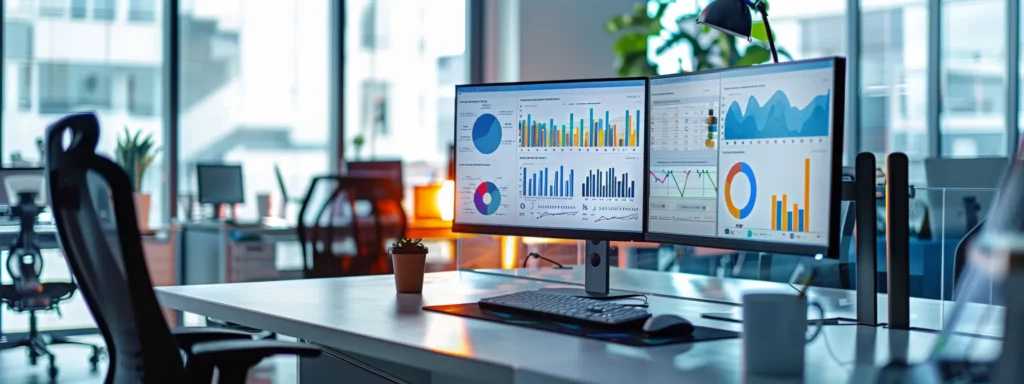 Sleek modern office workspace featuring dual monitors displaying colorful data visualizations, emphasizing data analysis and productivity, with a potted plant and ergonomic chair in a bright environment.