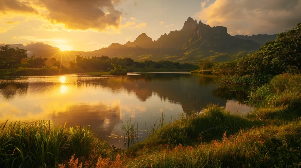 شروق الشمس المشرق فوق الجبال والبحيرة، يعكس جمال الطبيعة في سياق تحسين أداء الموقع الإلكتروني وأدوات SEO.