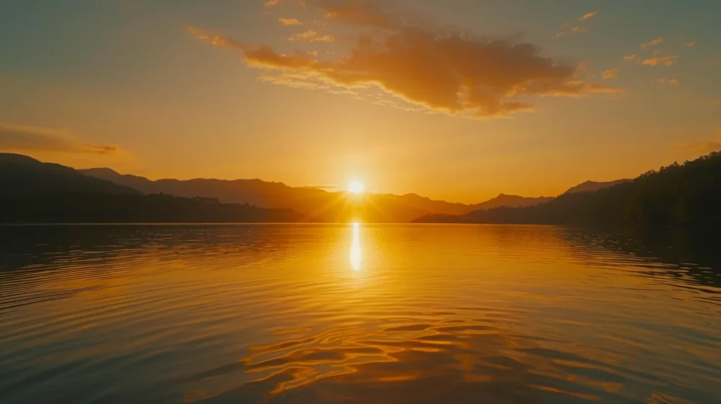 غروب الشمس المتألق فوق بحيرة هادئة، مع انعكاسات ذهبية على الماء والجبال في الخلفية، يرمز إلى تحسين الأداء الرقمي واستراتيجيات SEO.