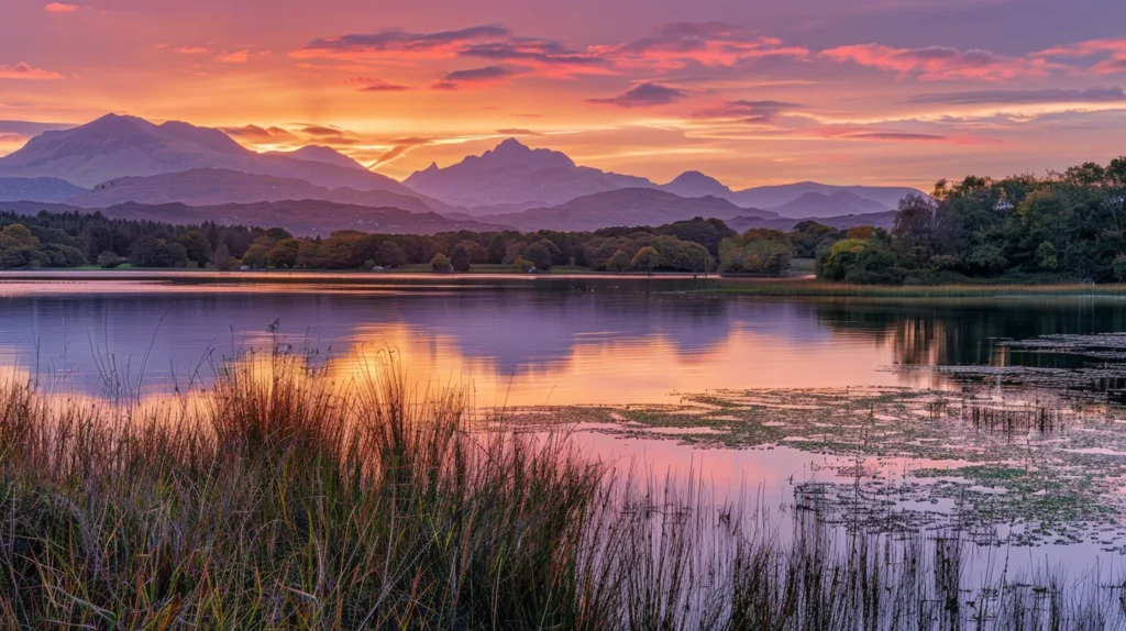 غروب الشمس الملون ينعكس على بحيرة هادئة مع جبال في الخلفية، يعكس جمال الطبيعة ويعزز استراتيجيات تحسين محركات البحث للمحتوى الرقمي.