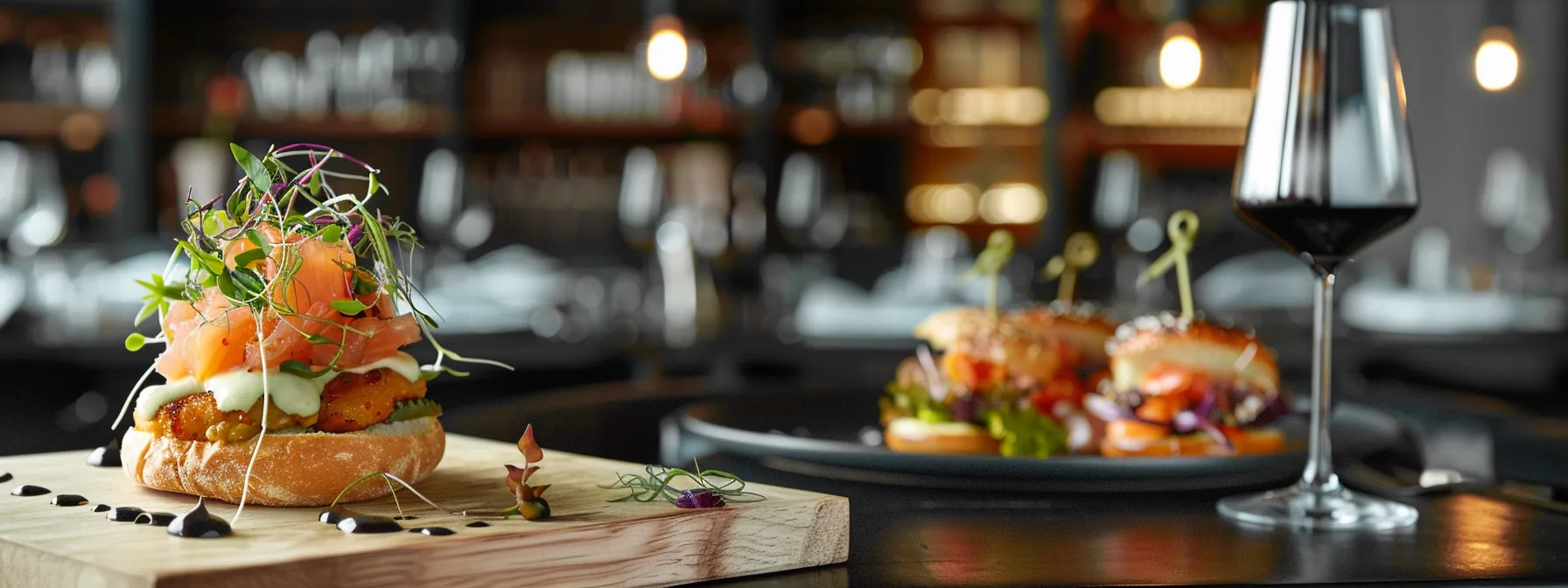 a visually striking close-up of a gourmet burger, artfully layered with vibrant toppings and sauces, presented on a sleek wooden board in a modern urban bistro setting, illuminated by warm overhead lighting that enhances its delicious textures and colors.
