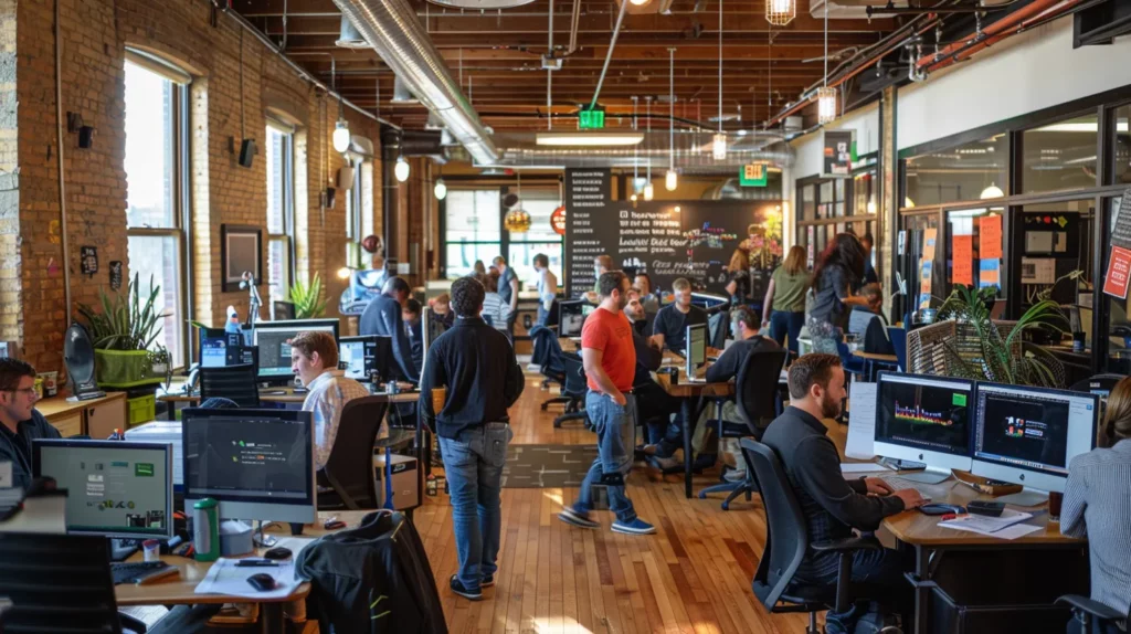Busy urban office environment with professionals collaborating at workstations, utilizing technology and engaging in creative discussions, reflecting a dynamic atmosphere conducive to local business growth and SEO strategies.