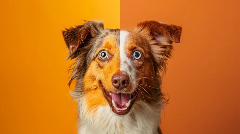 a dynamic split image showcasing a dog's expressive face, contrasting its anxious whining on one side with an authoritative bark on the other, set against a vibrant background that captures the essence of communication in the animal world.