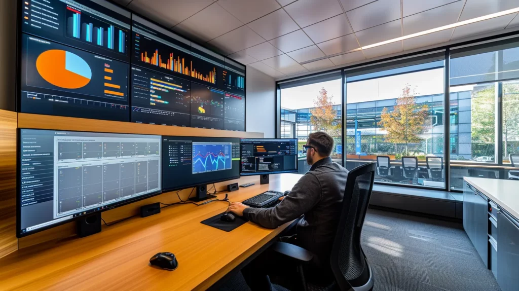 Business professional analyzing data on multiple monitors in a modern office environment, showcasing local SEO metrics and performance analytics.