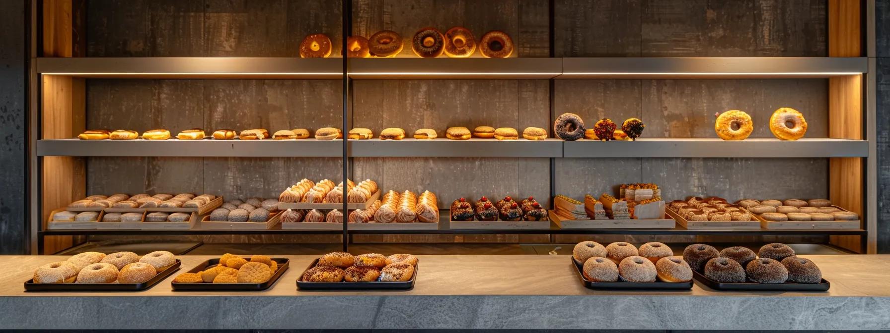 a meticulously arranged display of glazed and cake donuts on a sleek, modern countertop, showcasing their contrasting textures and glistening finishes under bright, focused overhead lights.