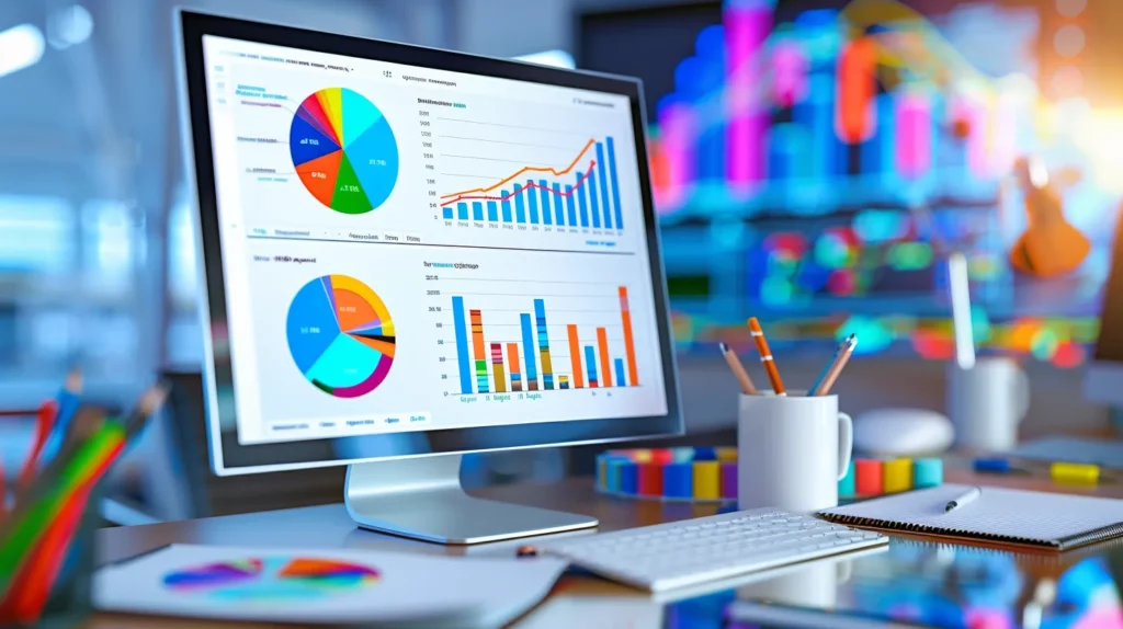 Sleek modern office desk with a computer displaying colorful analytics charts and graphs, emphasizing data-driven insights for local SEO strategies and business performance improvement.