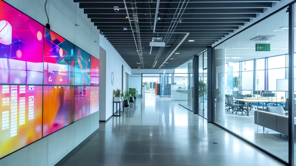 Sleek modern office space with vibrant digital displays, emphasizing a professional environment for local SEO strategies and business visibility enhancement.