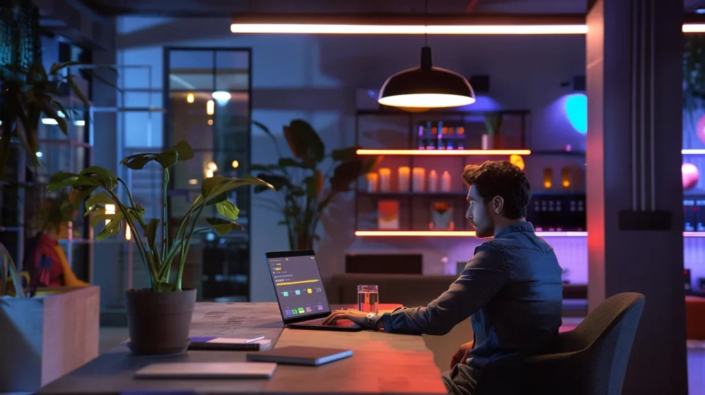 سخص يعمل في مكتب حديث مع إضاءة ملونة، يستخدم لابتوبًا، ويظهر نبات في الأصيص على الطاولة، مما يعكس بيئة عمل مريحة تدعم استراتيجيات تحسين محركات البحث المحلية.