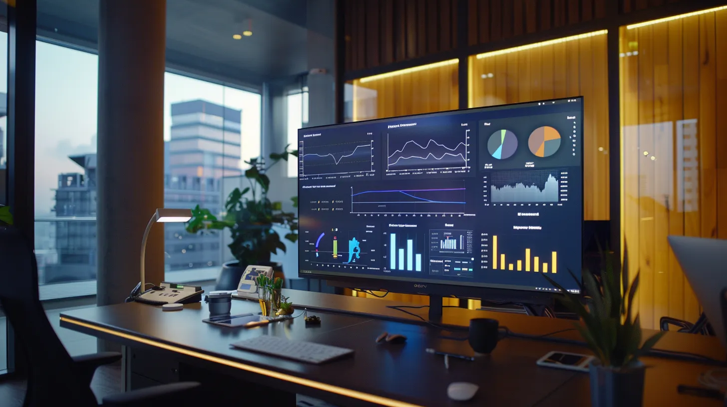 Sleek office workspace with a large monitor displaying data analytics and graphs, emphasizing local SEO strategies for small businesses.