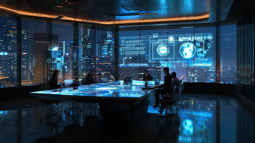 Modern office environment with a digital display, business professionals collaborating around a futuristic table, city skyline illuminated at night, emphasizing local SEO strategies and engagement.