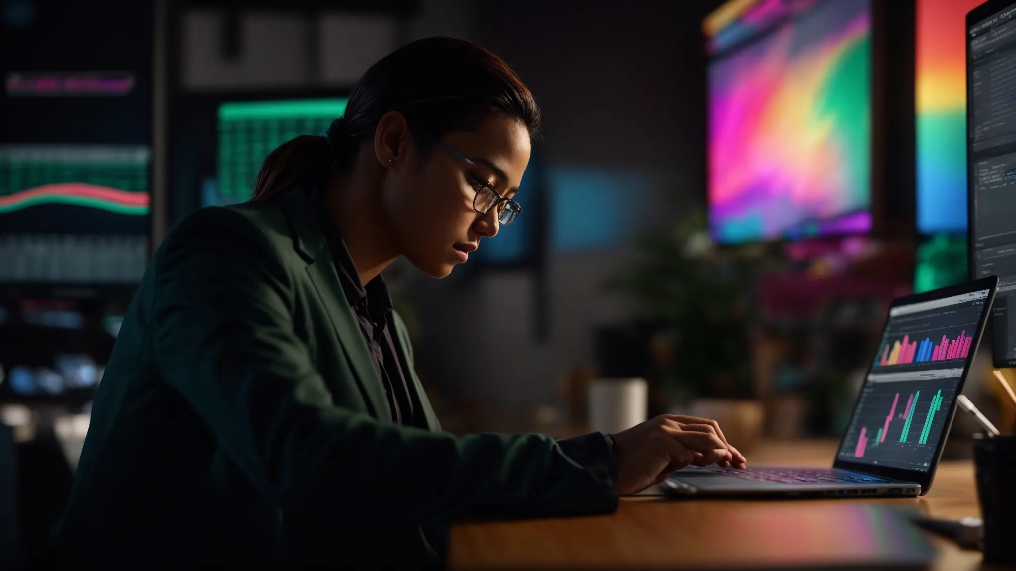 Person in a dark, focused workspace analyzing data on a laptop, surrounded by colorful digital charts and graphs, illustrating the importance of SEO tools for small businesses.