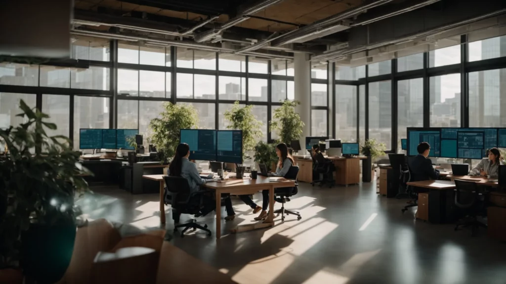 Modern office workspace with multiple employees engaged in digital marketing tasks, featuring large monitors displaying data analytics, plants for a vibrant atmosphere, and ample natural light from large windows, relevant to SEO tools for small business growth.