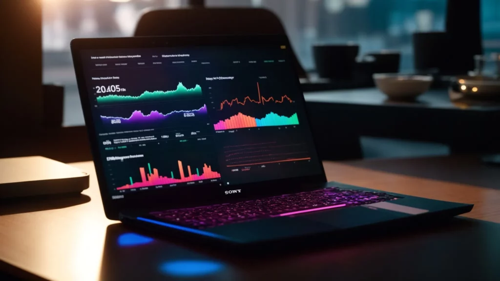 Laptop displaying real-time SEO analytics and performance metrics, featuring colorful graphs and data visualizations, in a modern digital workspace.