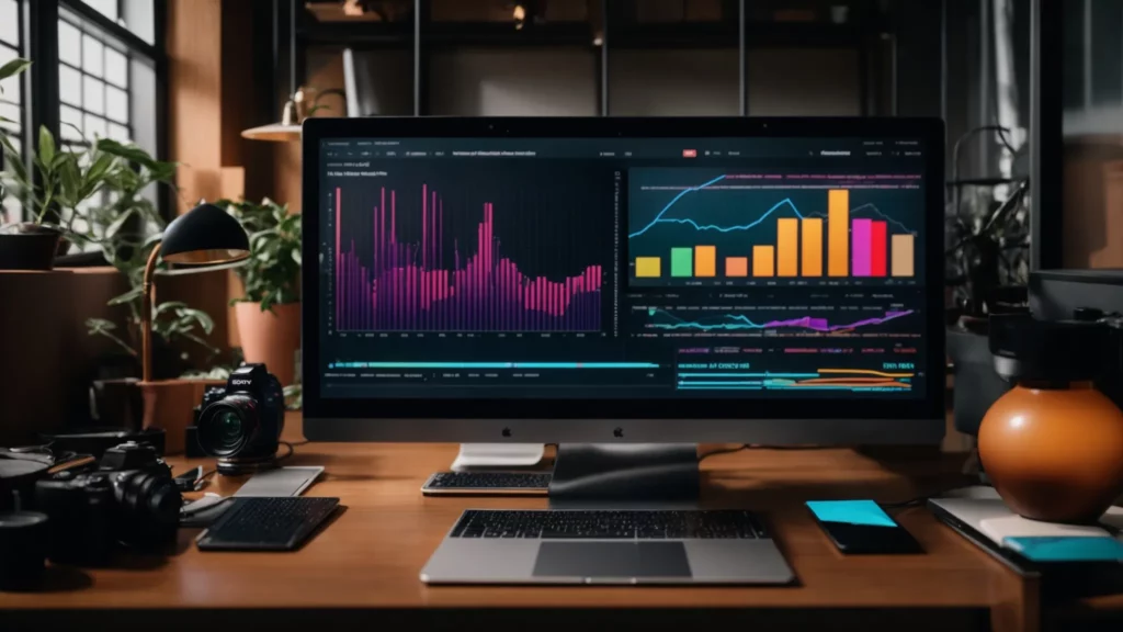 Digital workspace with computer displaying colorful SEO analytics graphs, surrounded by cameras and office supplies, emphasizing data-driven strategies for small businesses.