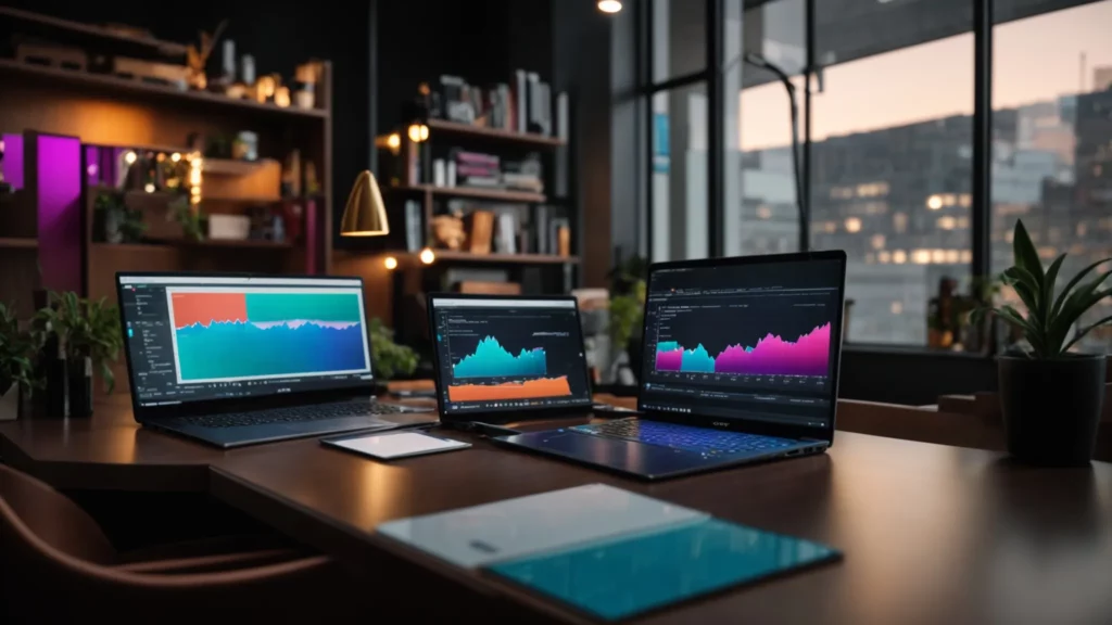 Modern workspace with three laptops displaying colorful performance analytics graphs, highlighting SEO tools and digital marketing metrics, in a well-lit office setting.