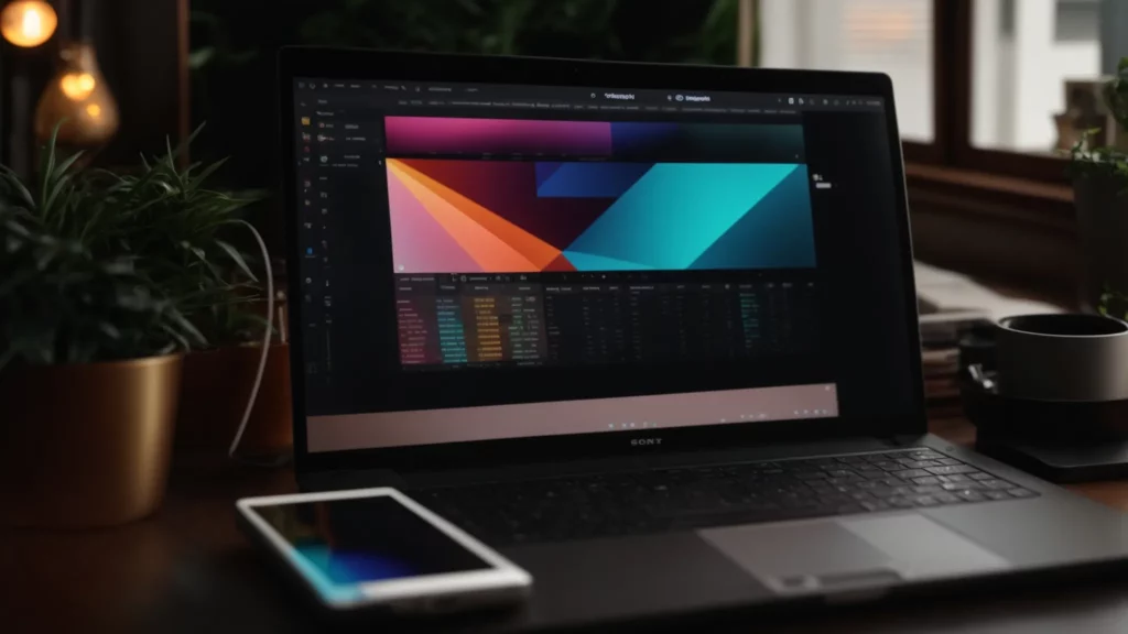 محطة عمل حديثة تحتوي على لابتوب يعرض واجهة برمجية ملونة، مع هاتف ذكي ووعاء نبات في الخلفية، تعكس بيئة عمل مخصصة لتحسين استراتيجيات SEO.