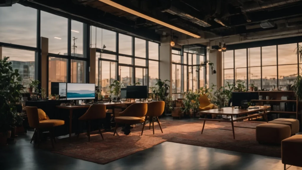 Vibrant workspace featuring multiple computer monitors, comfortable seating, and abundant greenery, illustrating an inviting environment for small business productivity and effective SEO tool management.