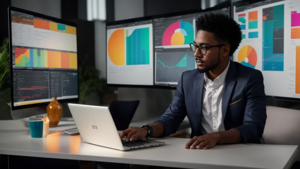 Professional man analyzing data on multiple screens while using a laptop, surrounded by colorful graphs and charts, illustrating the use of SEO tools for small business strategies.