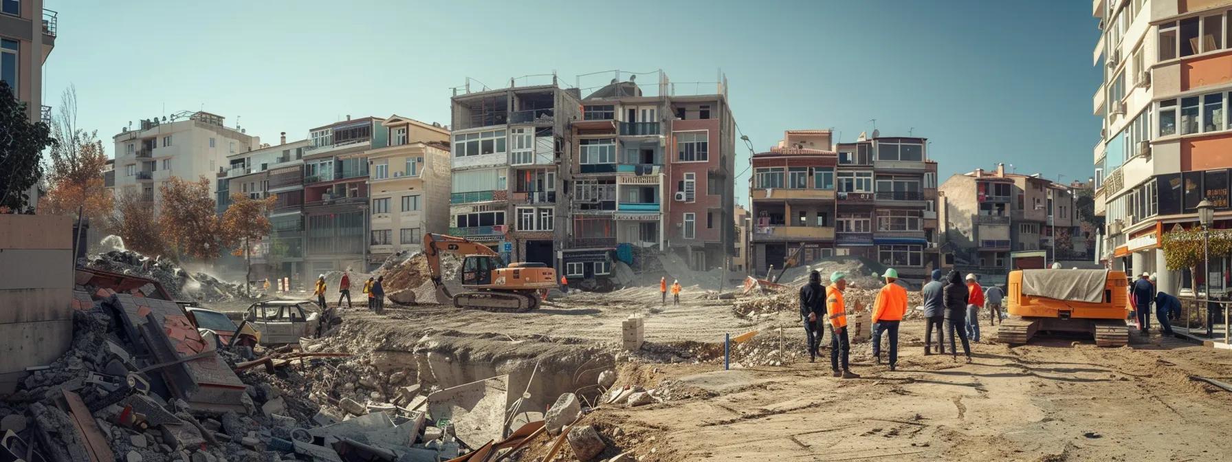 a bustling urban construction site showcases workers collaborating on rebuilding efforts, surrounded by partially restored buildings and temporary housing, under a clear blue sky, emphasizing resilience and community engagement in post-disaster rehabilitation in turkey.