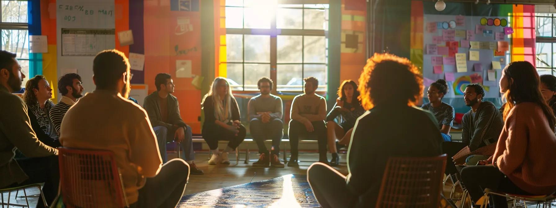a diverse group of resilient community members gather in a well-lit urban community center, engaging in dynamic discussions during a supportive meeting, surrounded by vibrant banners illustrating themes of unity and recovery.