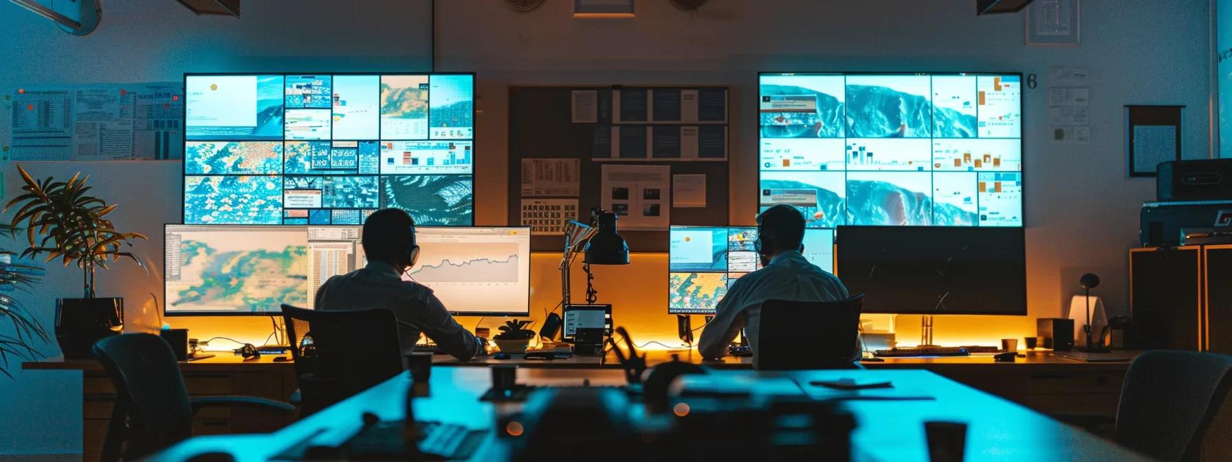 a dynamic office environment showcasing two professionals intensely analyzing large screens displaying detailed graphs and metrics of backlink data from semrush and ahrefs, illuminated by focused desk lighting that highlights their engaged expressions.
