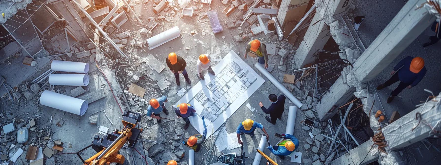 a dynamic urban setting showcases engineers and architects collaboratively inspecting a damaged building, with blueprints and models spread out around them, symbolizing the urgent focus on resilient rebuilding and earthquake preparedness amidst a backdrop of ongoing recovery efforts.
