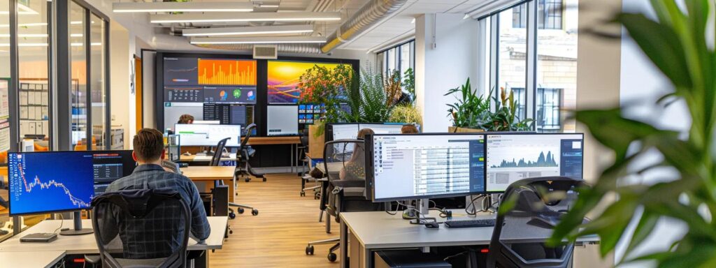a focused software engineer conducts qa api testing in a modern, vibrant office filled with sleek technology and dynamic screens displaying complex data and analytics.