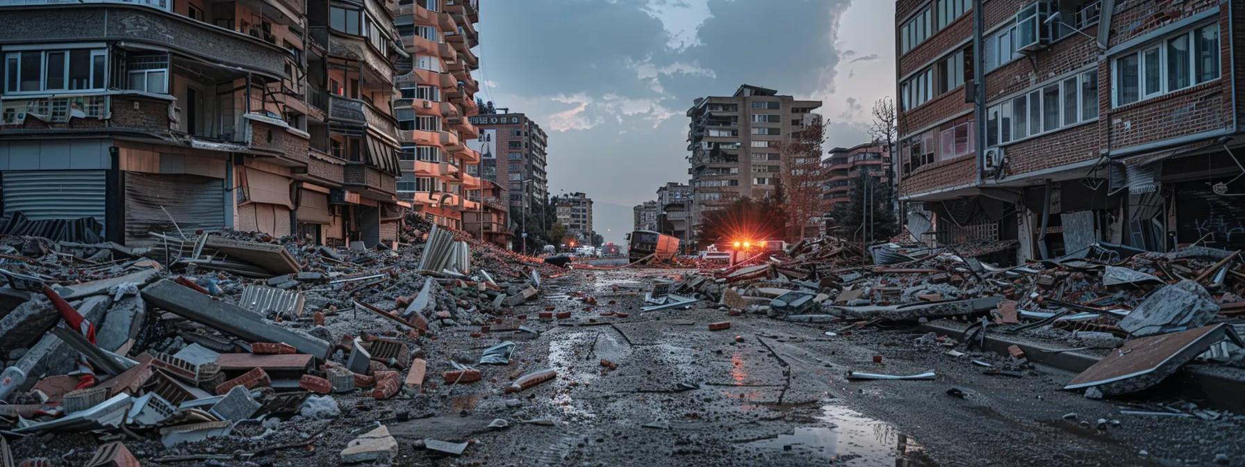 a hauntingly powerful urban landscape showcases the devastation left by the turkey earthquake, with crumbled buildings and debris strewn across the streets, illuminated by the harsh light of emergency services responding to the aftermath.