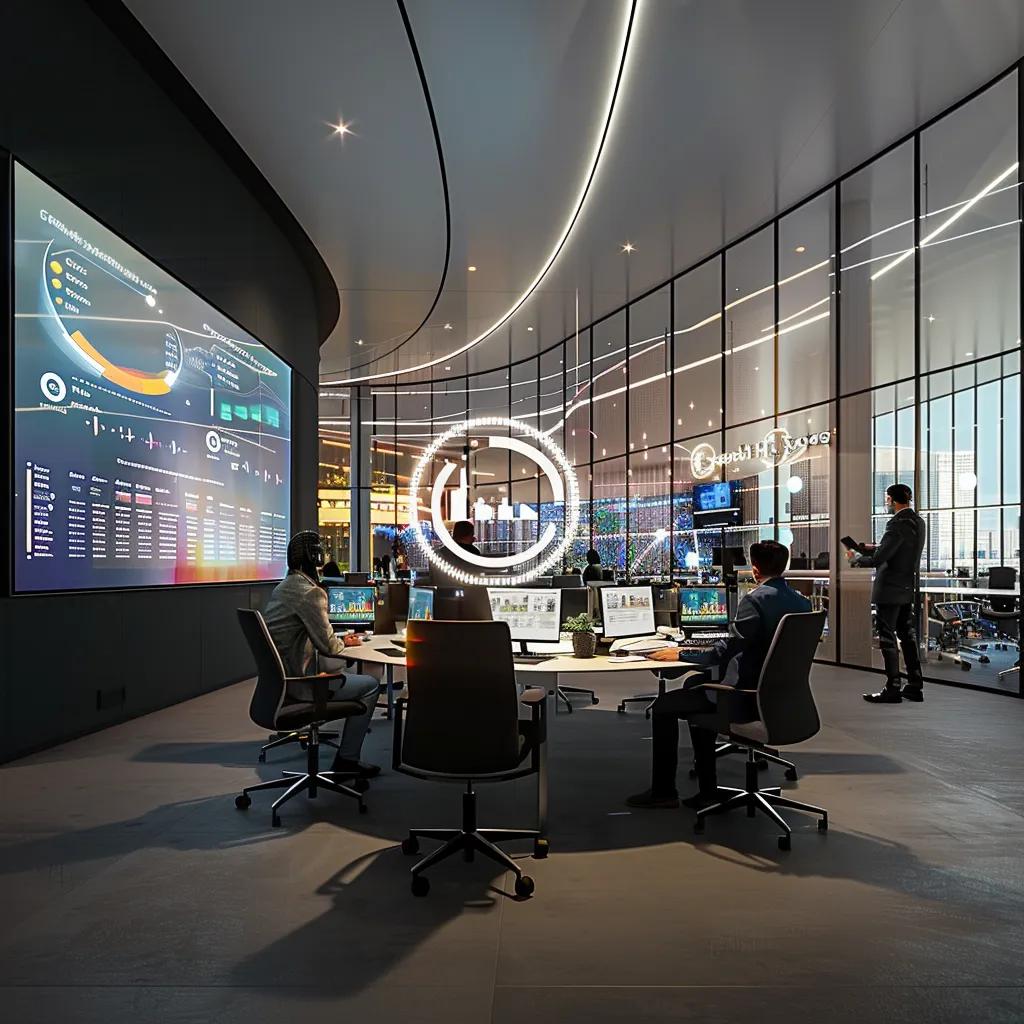 a sleek, modern office space buzzes with activity as professionals engage with vibrant digital screens displaying dynamic analytics and graphs, emphasizing the powerful efficiency of the search atlas tool.