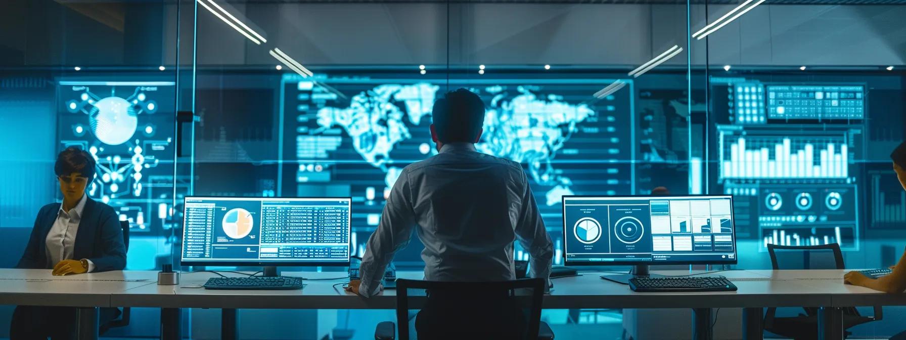 a sleek, modern office space features two professionals intently analysing complex seo data on high-resolution screens, with vibrant visualisations of backlink profiles and growth metrics displayed prominently, showcasing the strategic use of semrush and ahrefs for digital marketing success.