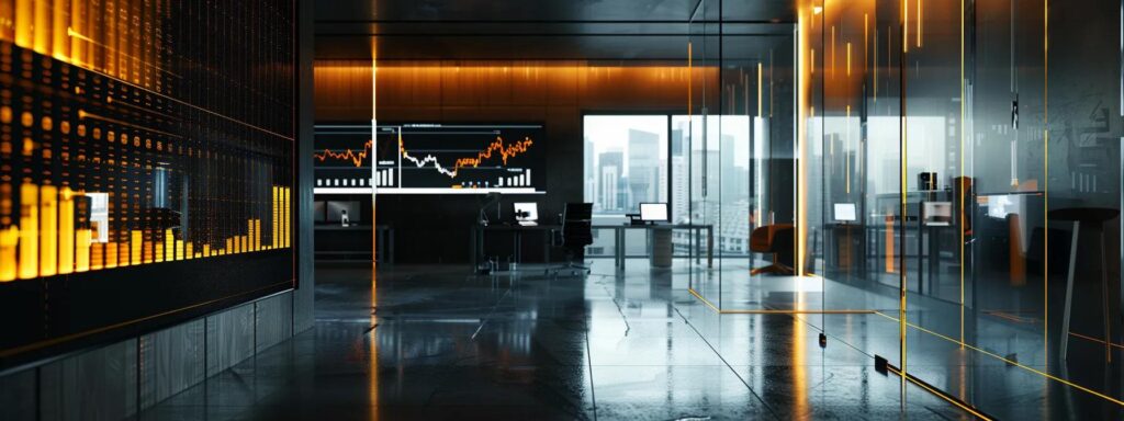 a sleek, modern office with a digital screen displaying a dynamic comparison of gold and cryptocurrency trends, illuminated by cool artificial lighting that highlights the contrasting values.