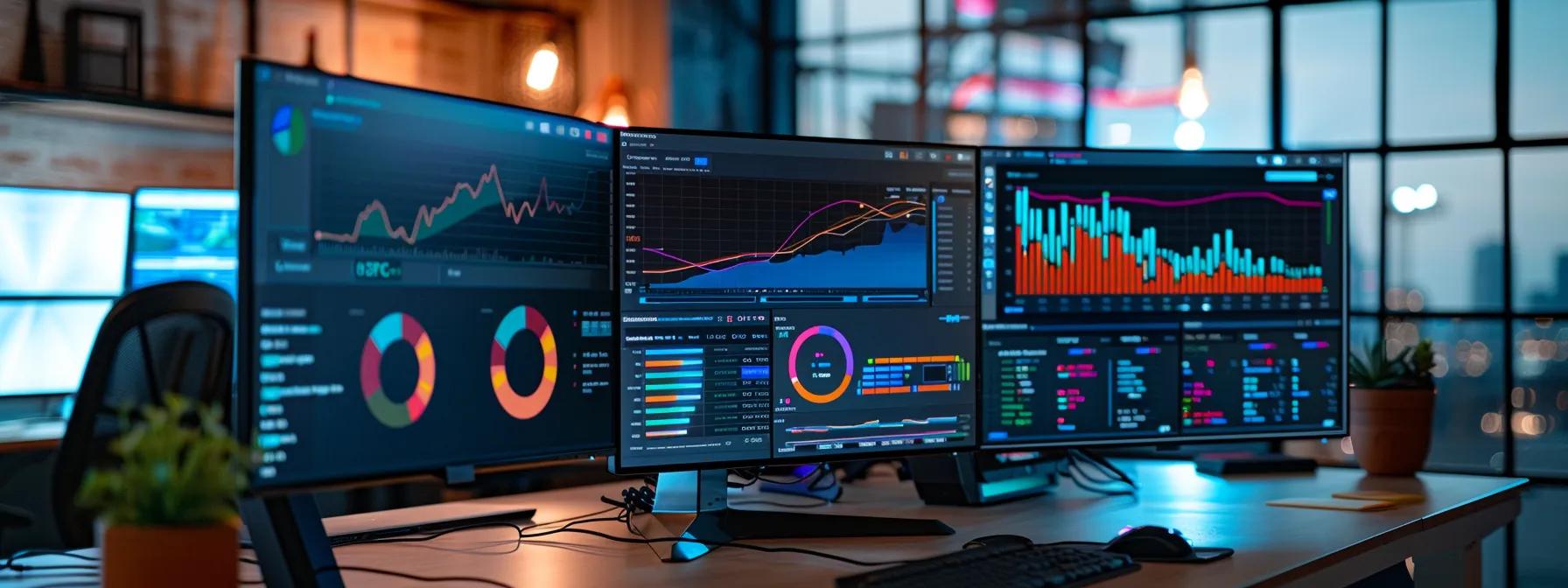 a sleek, modern office workspace filled with high-tech monitors displaying dynamic seo analytics and colorful data visualizations, emphasizing the importance of organic search optimization and digital performance improvement. a sleek, modern office workspace filled with high-tech monitors displaying dynamic seo analytics and colorful data visualizations, emphasizing the importance of organic search optimization and digital performance improvement.
