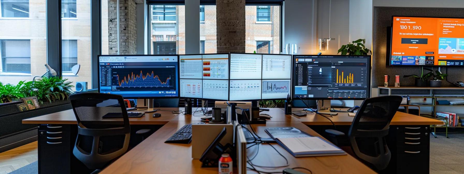a sleek, modern office workspace is filled with two large monitors displaying advanced seo tools, featuring visually striking graphs and metrics for backlink analysis side-by-side, highlighting the contrast between semrush and ahrefs.