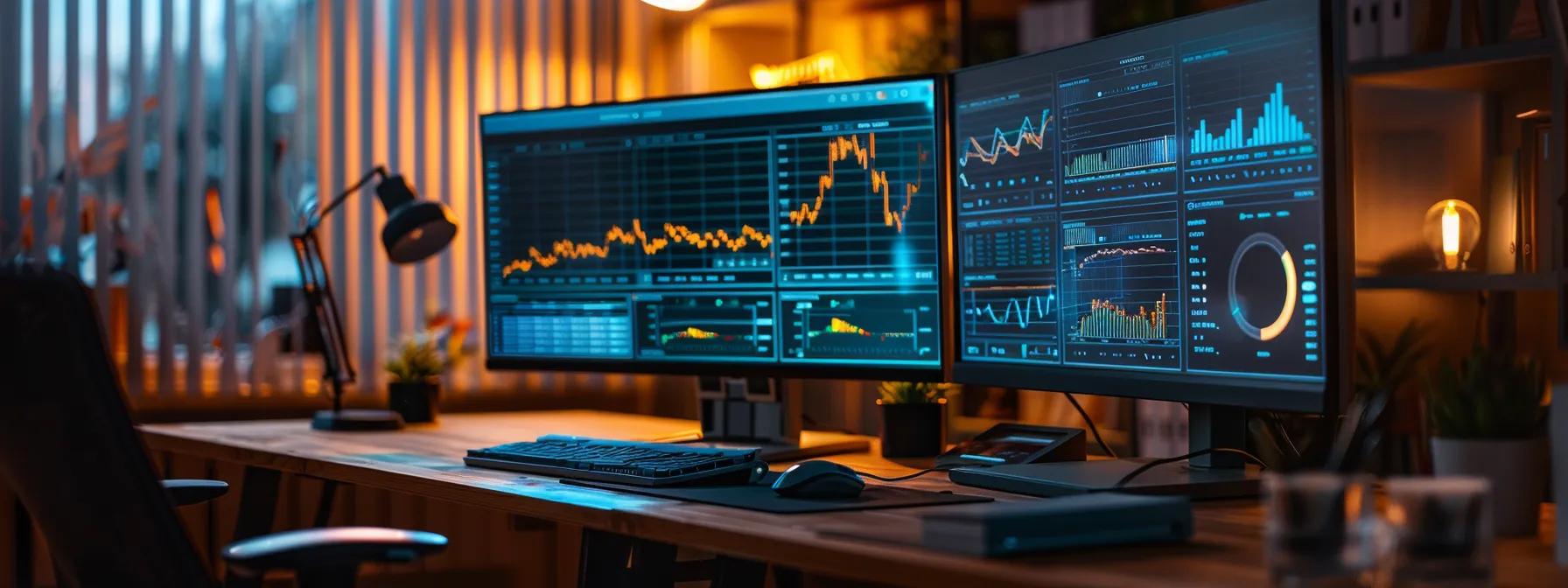 a sleek, modern office workspace features two computer screens displaying semrush and ahrefs dashboards, highlighting dynamic graphs and data analytics, illuminated by focused artificial lighting to emphasise the tools’ capabilities in backlink analysis.