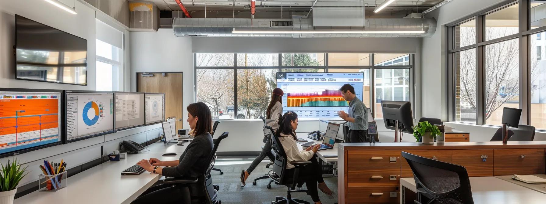a sleek, modern office workspace showcases professionals analyzing digital marketing data on multiple screens, featuring a centralized dashboard displaying seamless integrations of search atlas with various analytics tools. a sleek, modern office workspace showcases professionals analyzing digital marketing data on multiple screens, featuring a centralized dashboard displaying seamless integrations of search atlas with various analytics tools.