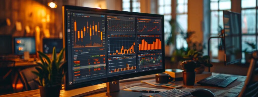 a sleek, modern workspace features a large screen displaying a side-by-side comparison of semrush and ahrefs backlink analysis features, illuminated by dynamic, vibrant graphs and data visualisations, emphasising the high-stakes nature of digital marketing.