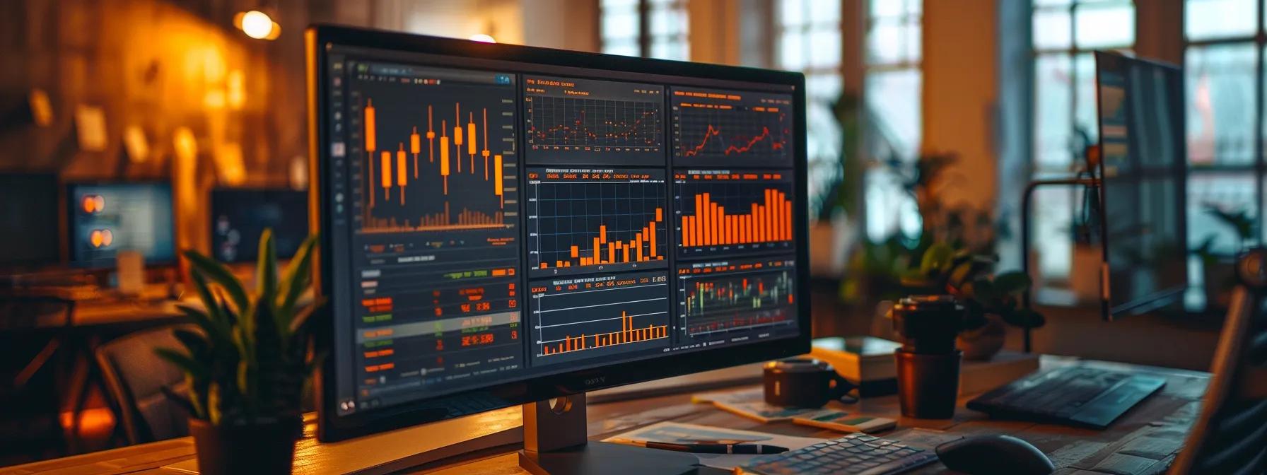 a sleek, modern workspace features a large screen displaying a side-by-side comparison of semrush and ahrefs backlink analysis features, illuminated by dynamic, vibrant graphs and data visualisations, emphasising the high-stakes nature of digital marketing.