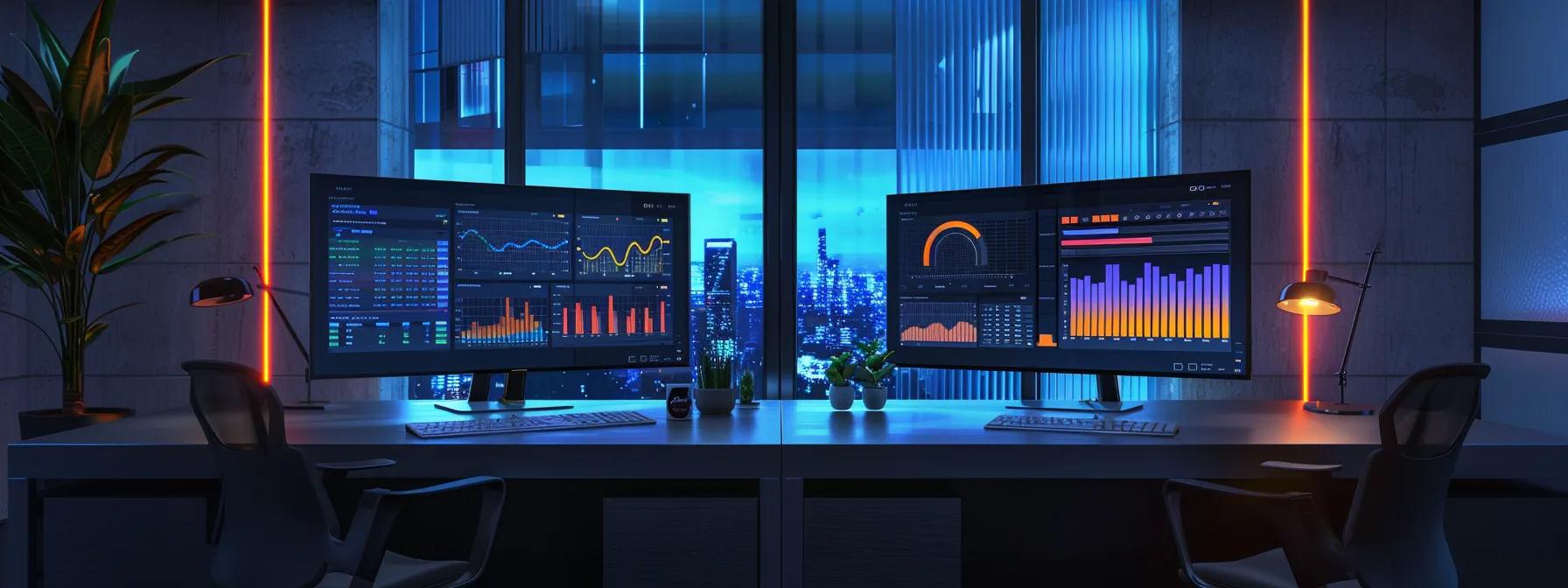 a sleek office setting features two contrasting digital screens displaying semrush and ahrefs dashboards side by side, with an analytical focus on pricing tiers and advanced backlink analysis metrics, illuminated by professional lighting for a high-tech appearance.