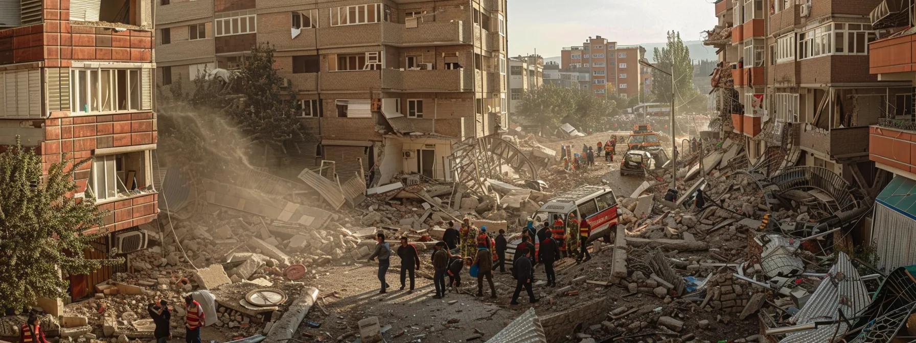 a somber urban landscape shows the stark aftermath of the turkey earthquake, with crumbled buildings, dust-laden streets, and emergency responders actively searching through debris in the midst of a devastated neighborhood.