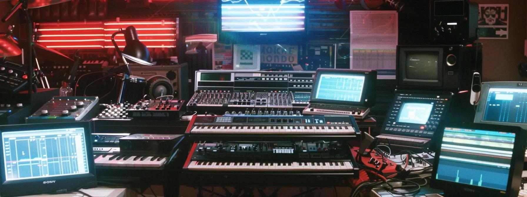 a vibrant 1980s music studio, alive with colorful synthesizers and drum machines, where a celebrated producer fine-tunes a dynamic track, illuminated by neon lights and showcasing a sleek digital interface as sound waves pulse rhythmically on an adjacent screen. a vibrant 1980s music studio, alive with colorful synthesizers and drum machines, where a celebrated producer fine-tunes a dynamic track, illuminated by neon lights and showcasing a sleek digital interface as sound waves pulse rhythmically on an adjacent screen.