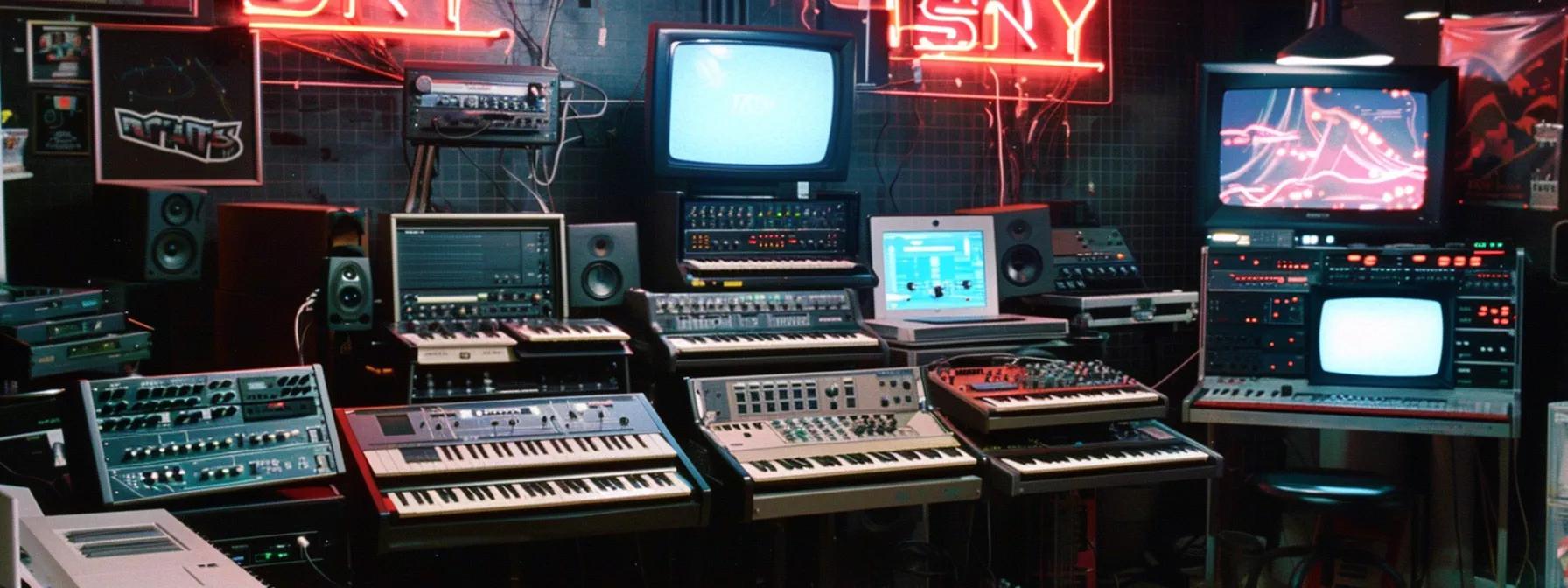 a vibrant, modern music studio filled with vintage synthesizers and analog equipment, illuminated by colorful neon lights, showcasing contemporary producers passionately mixing retro sounds with cutting-edge technology. a vibrant, modern music studio filled with vintage synthesizers and analog equipment, illuminated by colorful neon lights, showcasing contemporary producers passionately mixing retro sounds with cutting-edge technology.