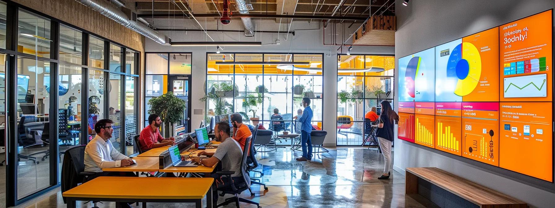 a vibrant office setting showcases a digital marketing team analyzing colorful graphs and data on multiple screens, highlighting the precision of paid search insights and strategic ad performance metrics. a vibrant office setting showcases a digital marketing team analyzing colorful graphs and data on multiple screens, highlighting the precision of paid search insights and strategic ad performance metrics.