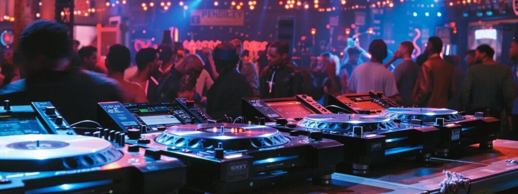a vibrant, retro-themed 80s music scene featuring an energetic dance floor illuminated by colorful neon lights, with a lively dj spinning vinyl records in a bustling urban nightclub.