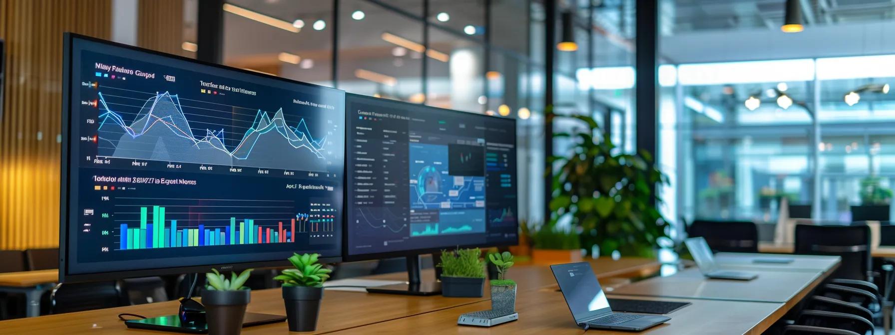 a modern office environment showcases two large screens displaying detailed backlink profiles from semrush and ahrefs, with analytical graphs and colourful metrics that highlight their contrasting data insights on a sleek conference table.