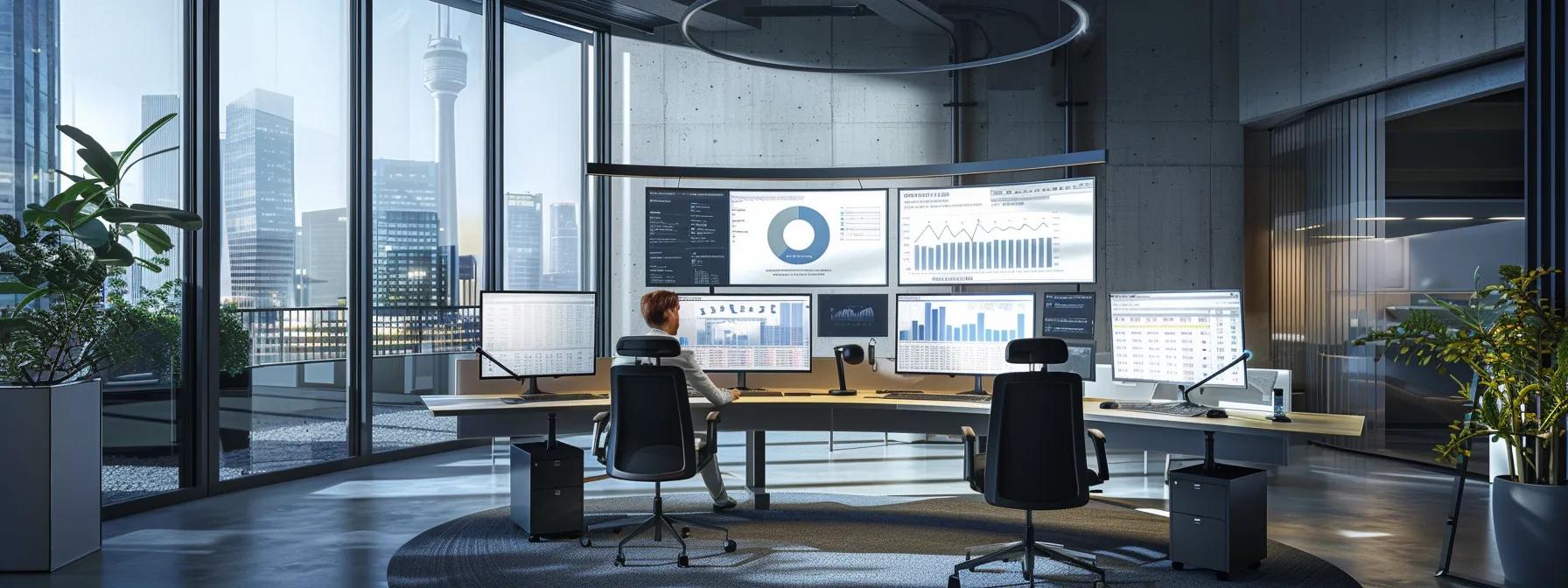 a modern office workspace showcases a confident professional analysing digital data on dual monitors, surrounded by charts and graphs that highlight seo analytics, emphasising the strategic selection of seo tool plans aligned with business objectives.